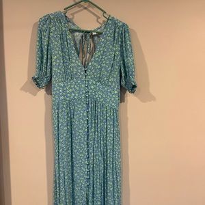 Women’s Mango midi dress. Size medium. Color is like a periwinkle and lime green